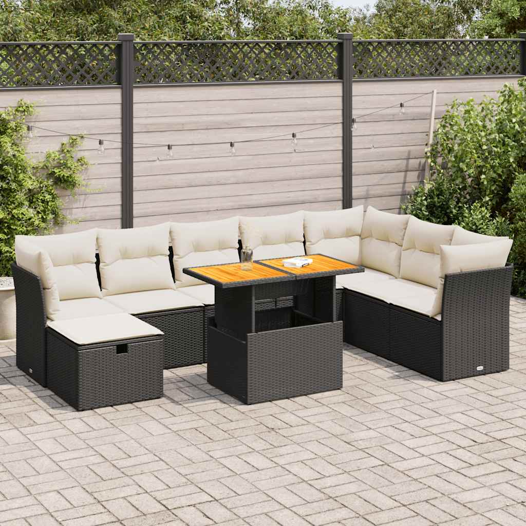9 Piece Garden Sofa Set with Cushions Black Poly Rattan Acacia