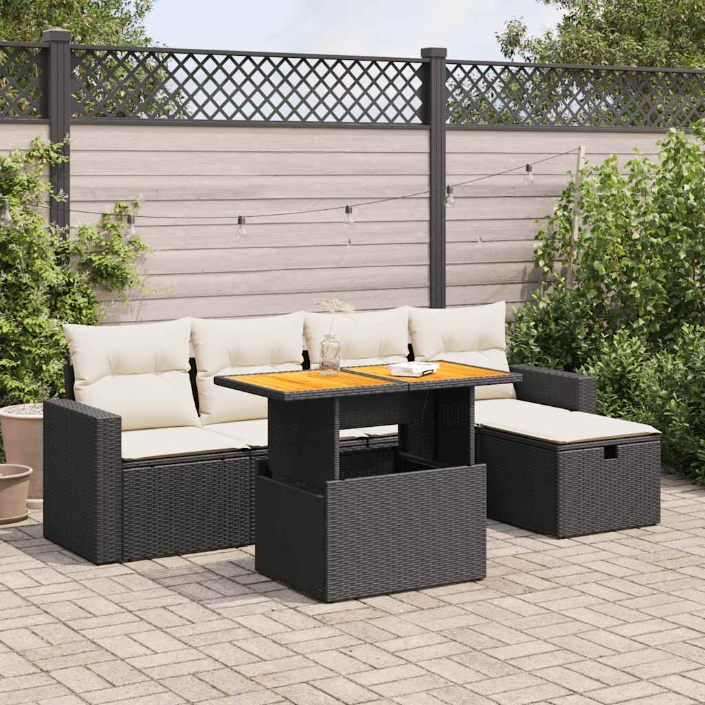 6 Piece Garden Sofa Set with Cushions Black Poly Rattan Acacia