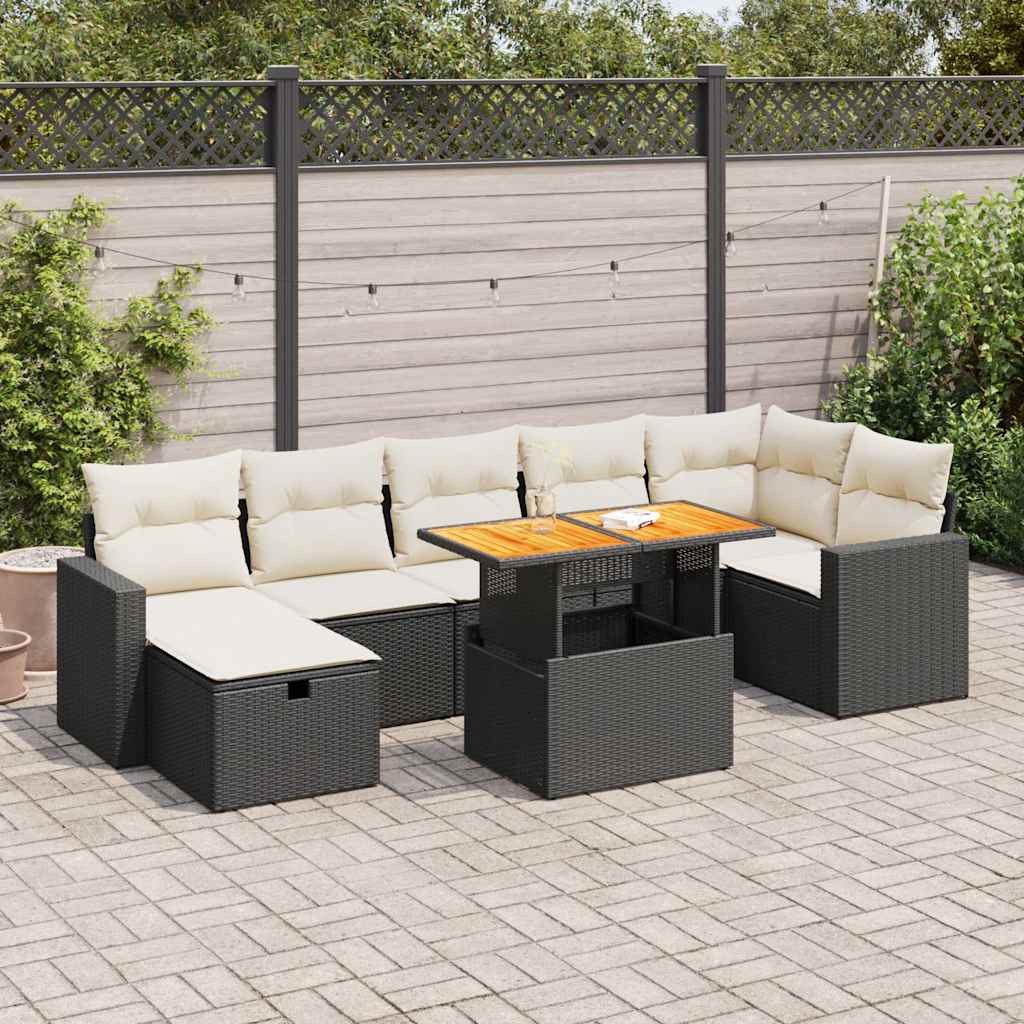 5 Piece Garden Sofa Set with Cushions Black Poly Rattan Acacia