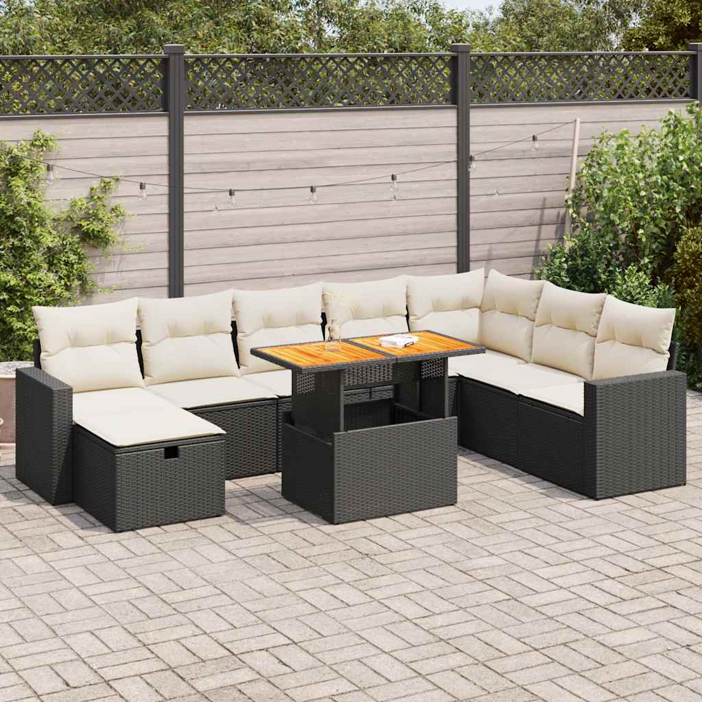 9 Piece Garden Sofa Set with Cushions Black Poly Rattan Acacia