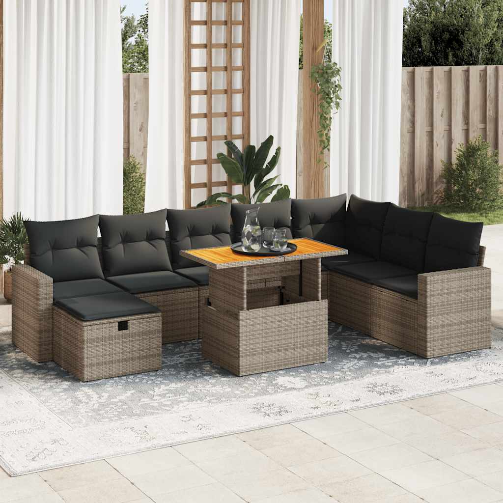 9 Piece Garden Sofa Set with Cushions Grey Poly Rattan Acacia