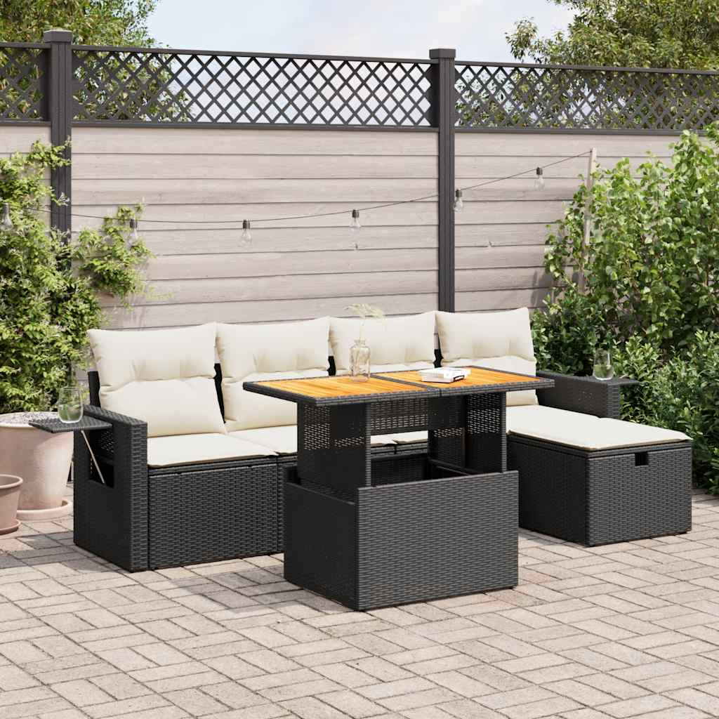 6 Piece Garden Sofa Set with Cushions Black Poly Rattan Acacia