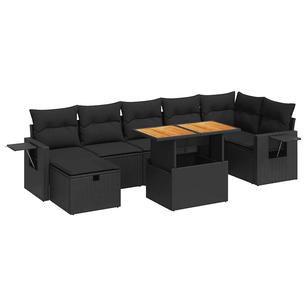 5 Piece Garden Sofa Set with Cushions Black Poly Rattan Acacia