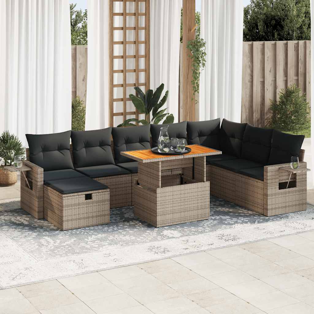 9 Piece Garden Sofa Set with Cushions Grey Poly Rattan Acacia