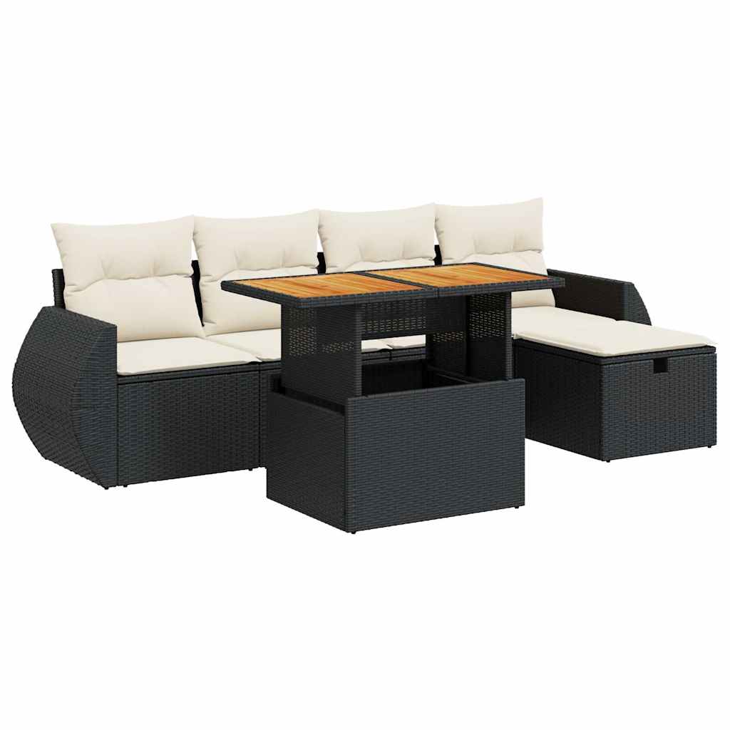 6 Piece Garden Sofa Set with Cushions Black Poly Rattan Acacia