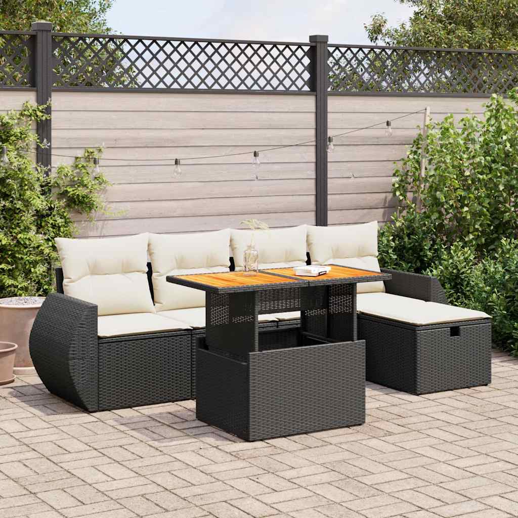 6 Piece Garden Sofa Set with Cushions Black Poly Rattan Acacia