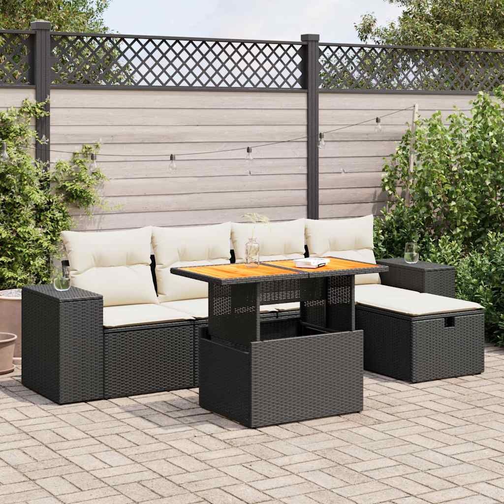 6 Piece Garden Sofa Set with Cushions Black Poly Rattan Acacia