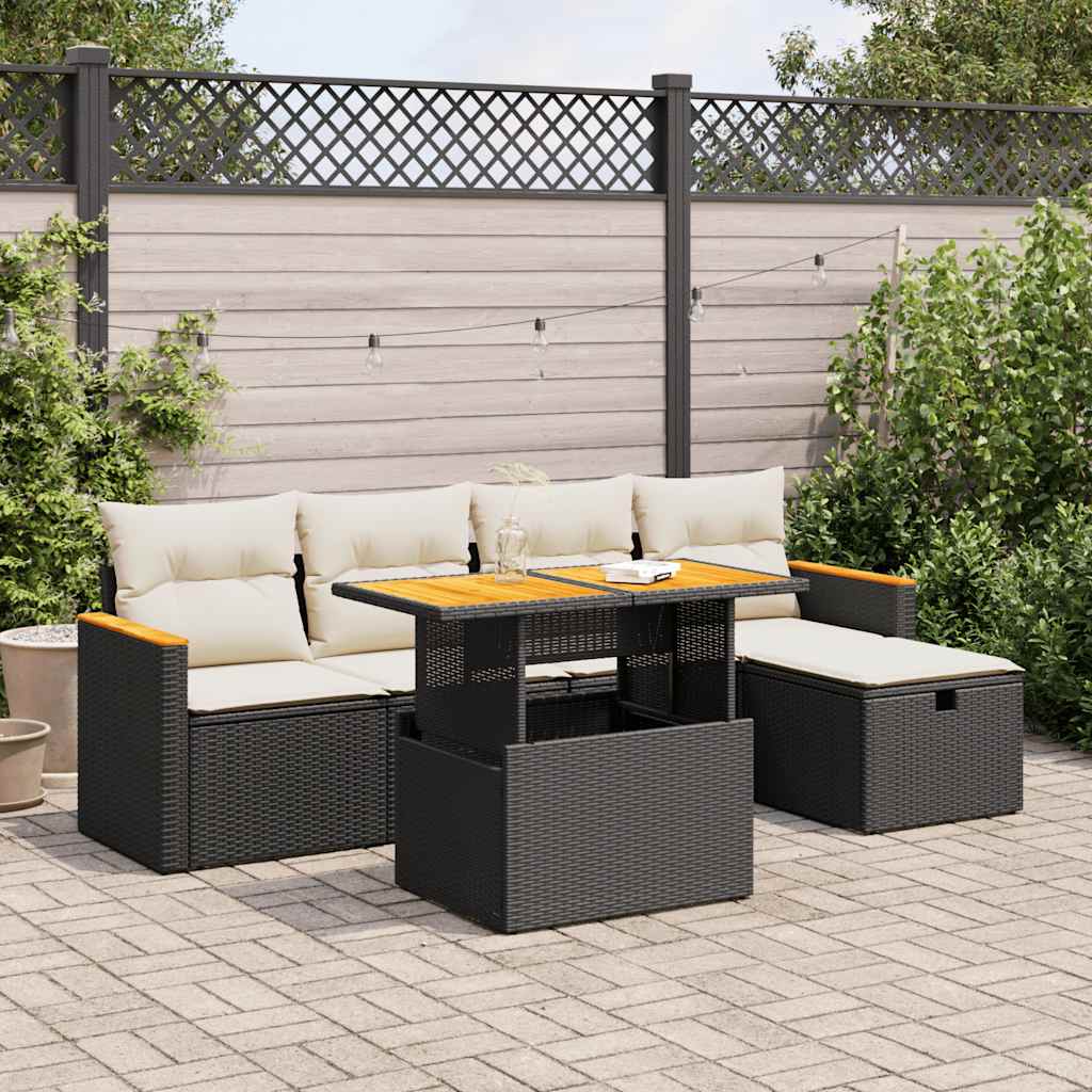 6 Piece Garden Sofa Set with Cushions Black Poly Rattan