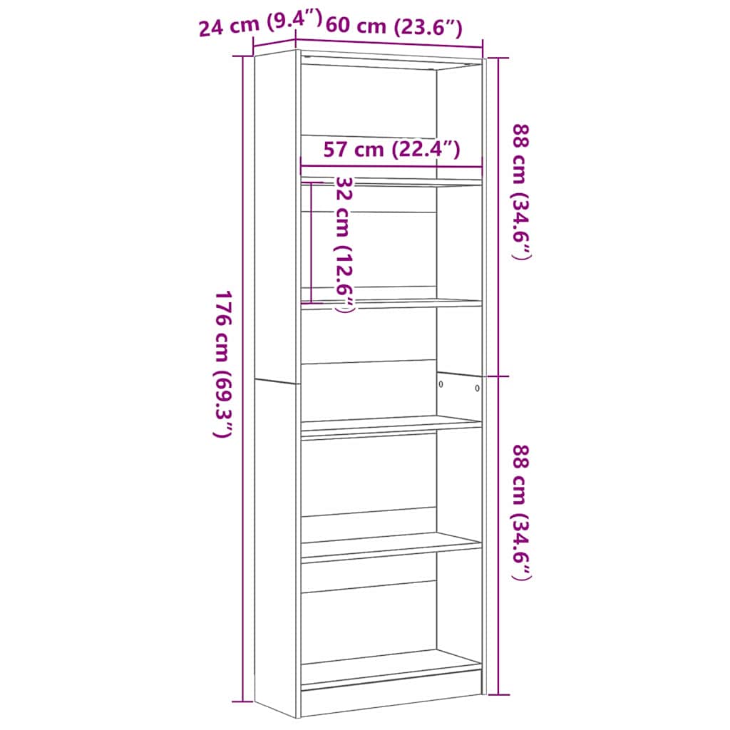 Bookcase Black Oak 60 x 24 x 176 cm Engineered Wood