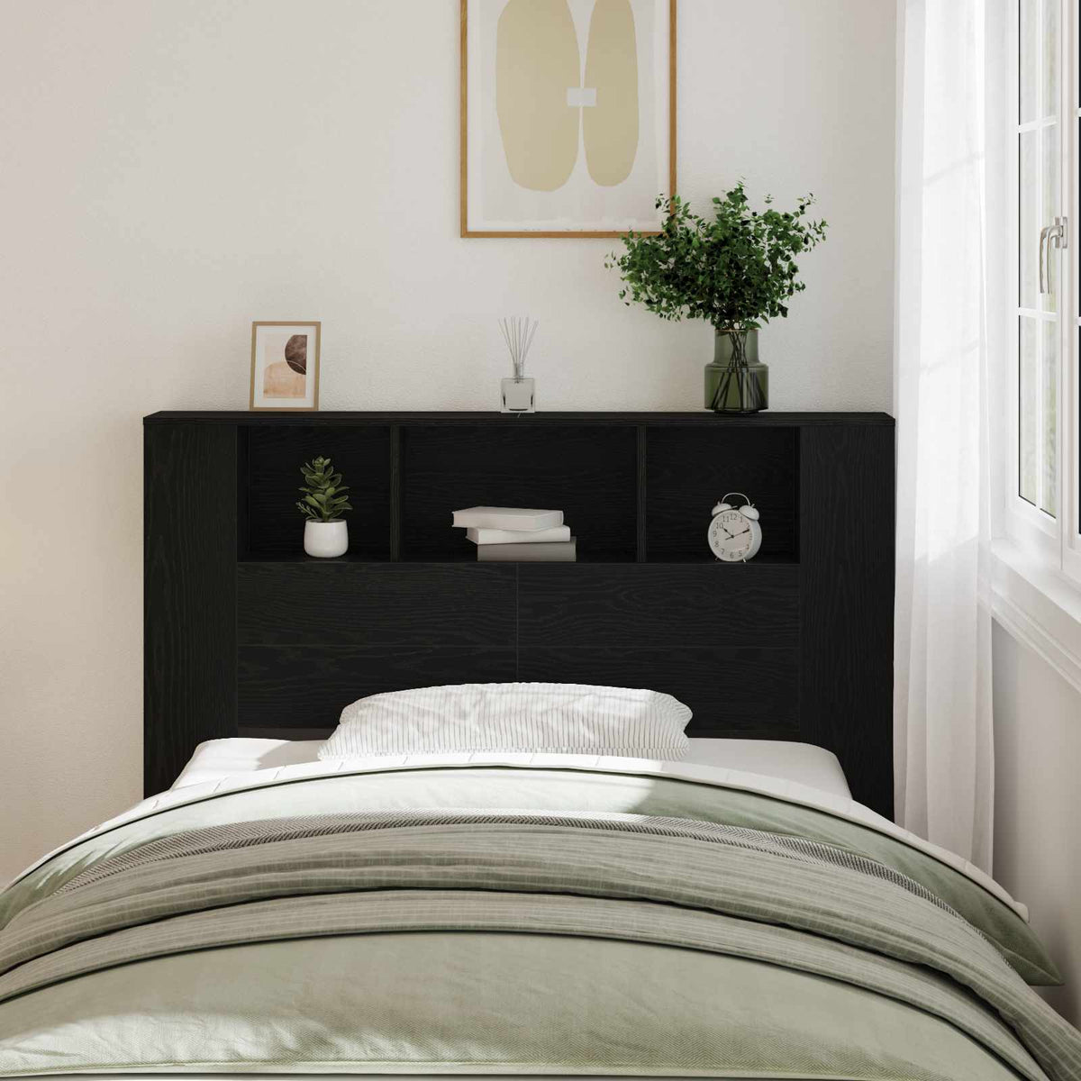 Headboard Cabinet with Storage Black Oak Engineered Wood