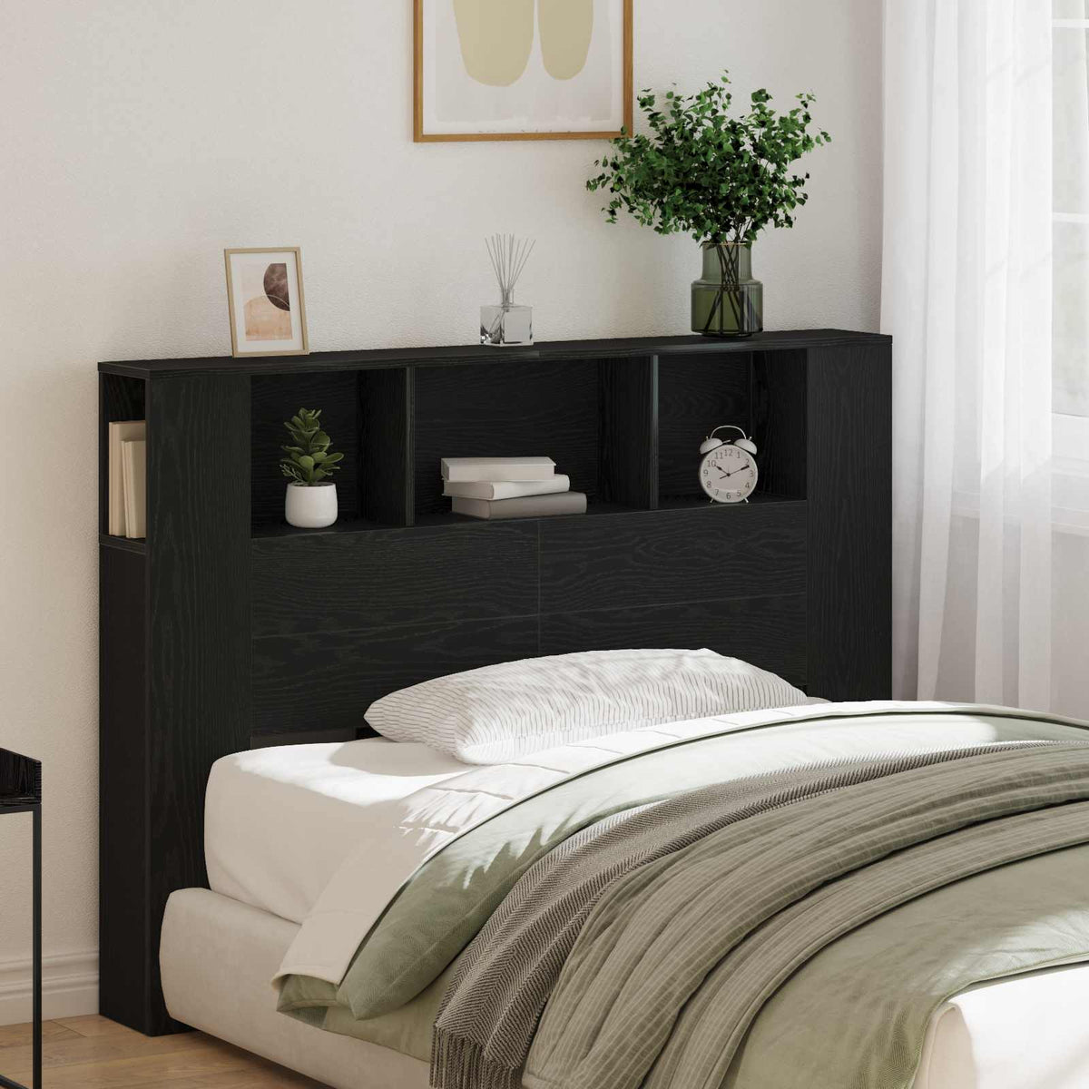 Headboard Cabinet with Storage Black Oak Engineered Wood