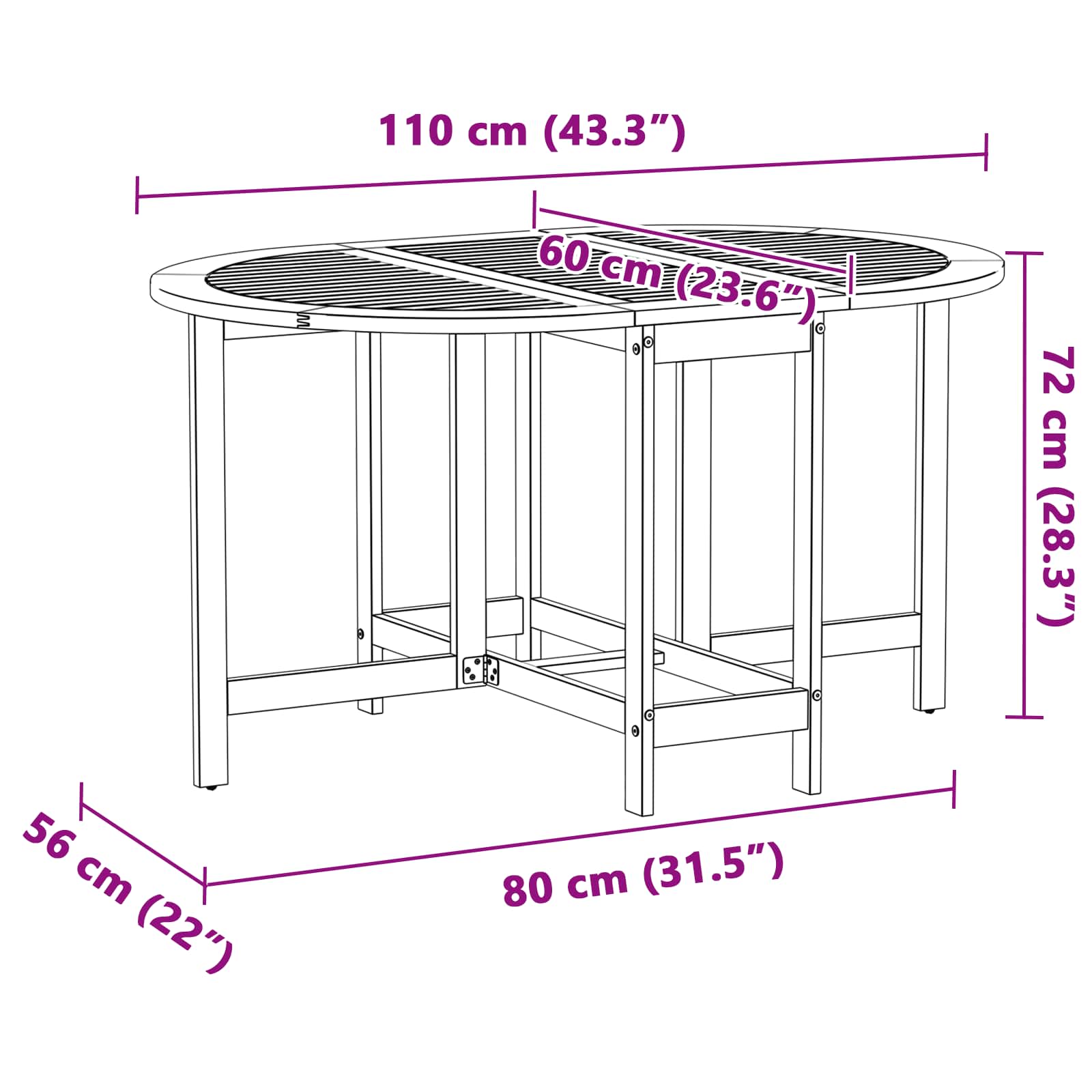 Garden Table Folding Brown 110 x 60 x 72 cm Solid Acacia Wood