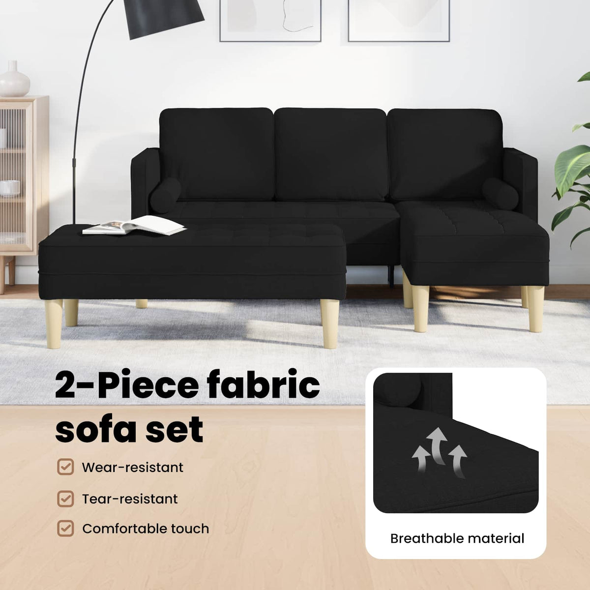 Sofa Set with Cushion 2 pcs Black Polyester