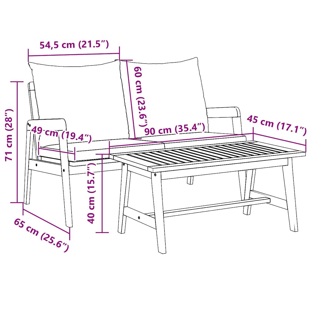 Bistro Set with Cushion 2 pcs Oil Natural Solid Acacia Wood