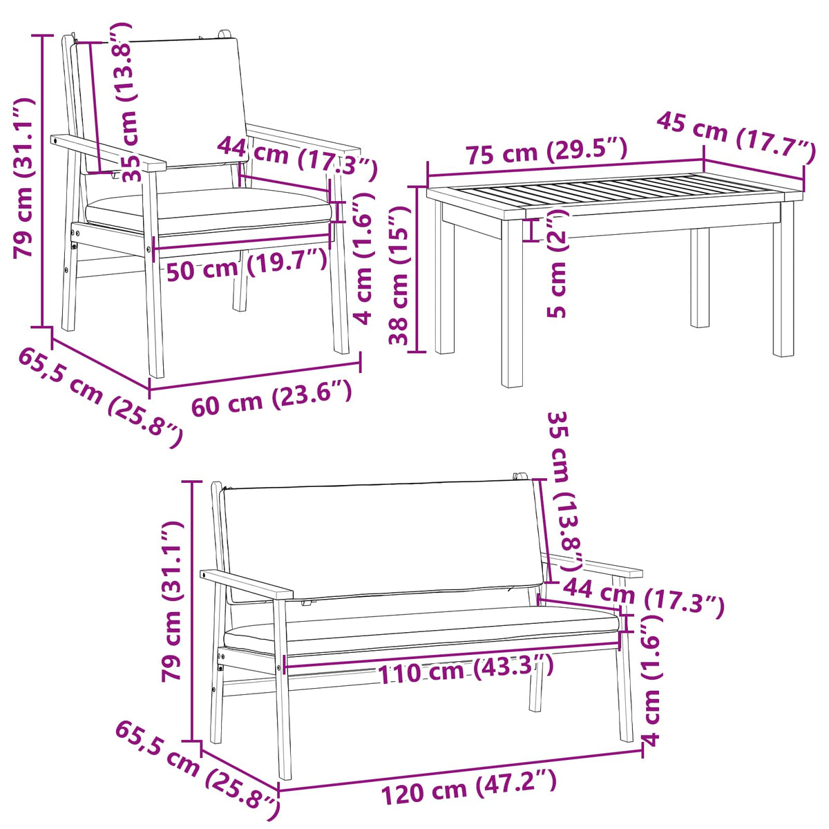 Garden Sofa Set 4 pcs Brown 120 x 65.5 x 79 cm