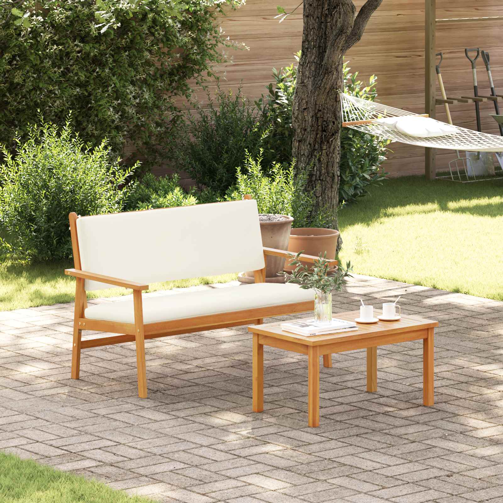Garden Bench with Cushion Cream White Solid Acacia Wood