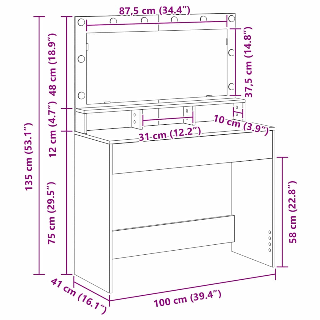 Dressing Table White 100 x 41 x 135 cm Engineered Wood