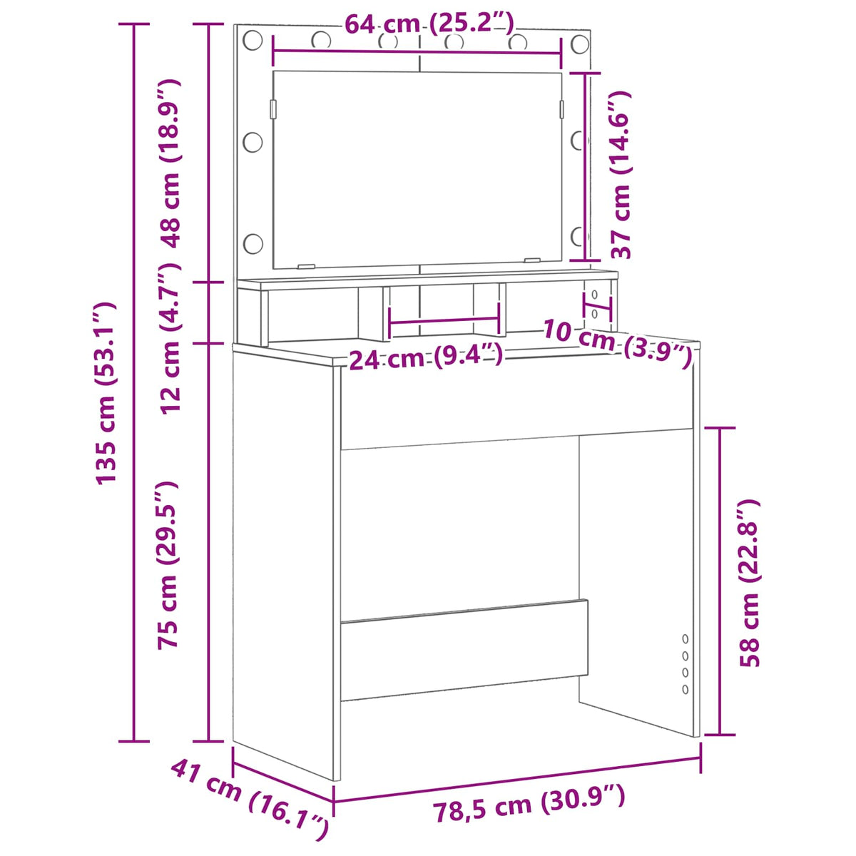 Dressing Table White 75,5 x 41 x 135 cm Engineered Wood