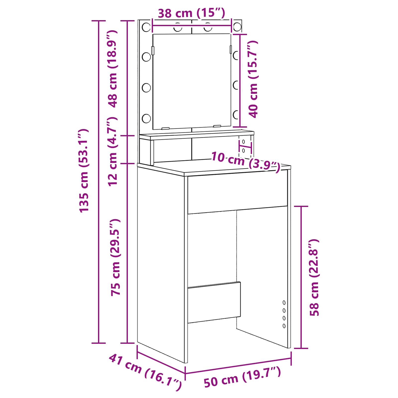 Dressing Table White 50 x 41 x 135 cm Engineered Wood