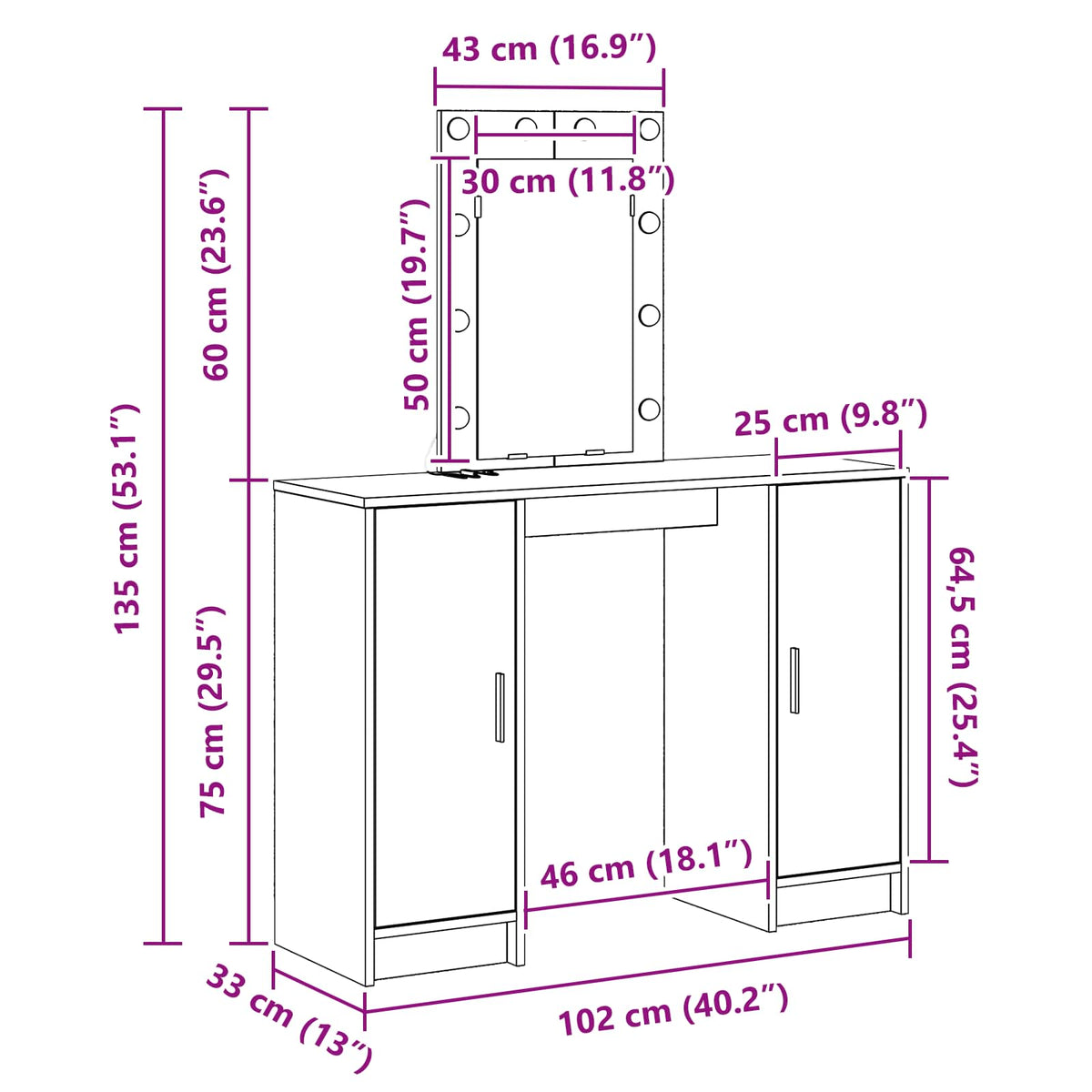 Dressing Table White 102 x 33 x 135 cm Engineered Wood