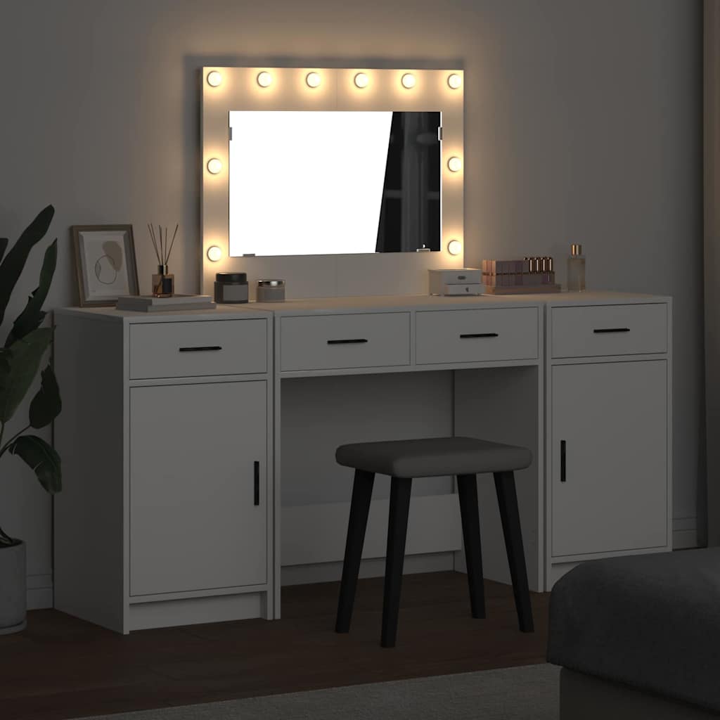 Dressing Table with Mirror Lights 3 pcs White Engineered Wood