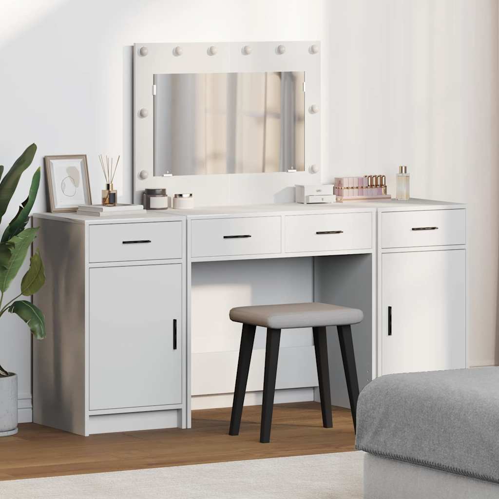 Dressing Table with Mirror Lights 3 pcs White Engineered Wood