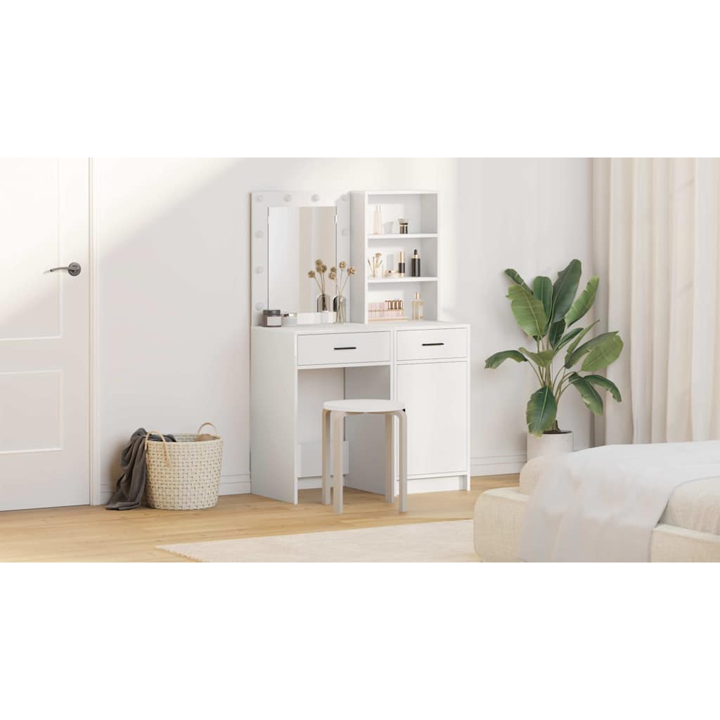 Dressing Table Set with LED 2 pcs White Engineered Wood