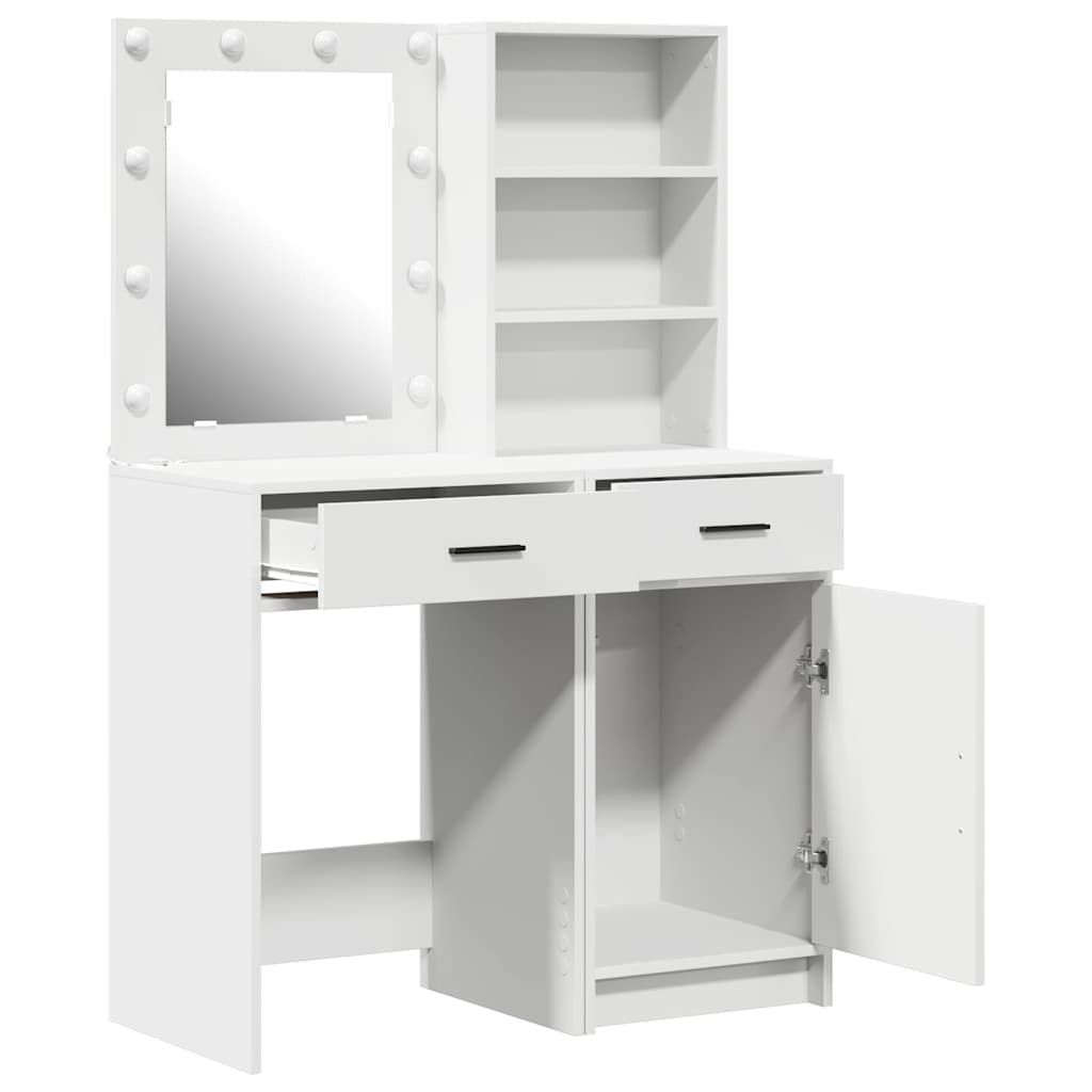 Dressing Table Set with LED 2 pcs White Engineered Wood
