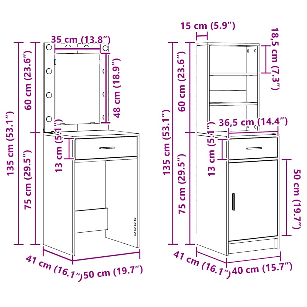 Dressing Table Set with LED 2 pcs White Engineered Wood