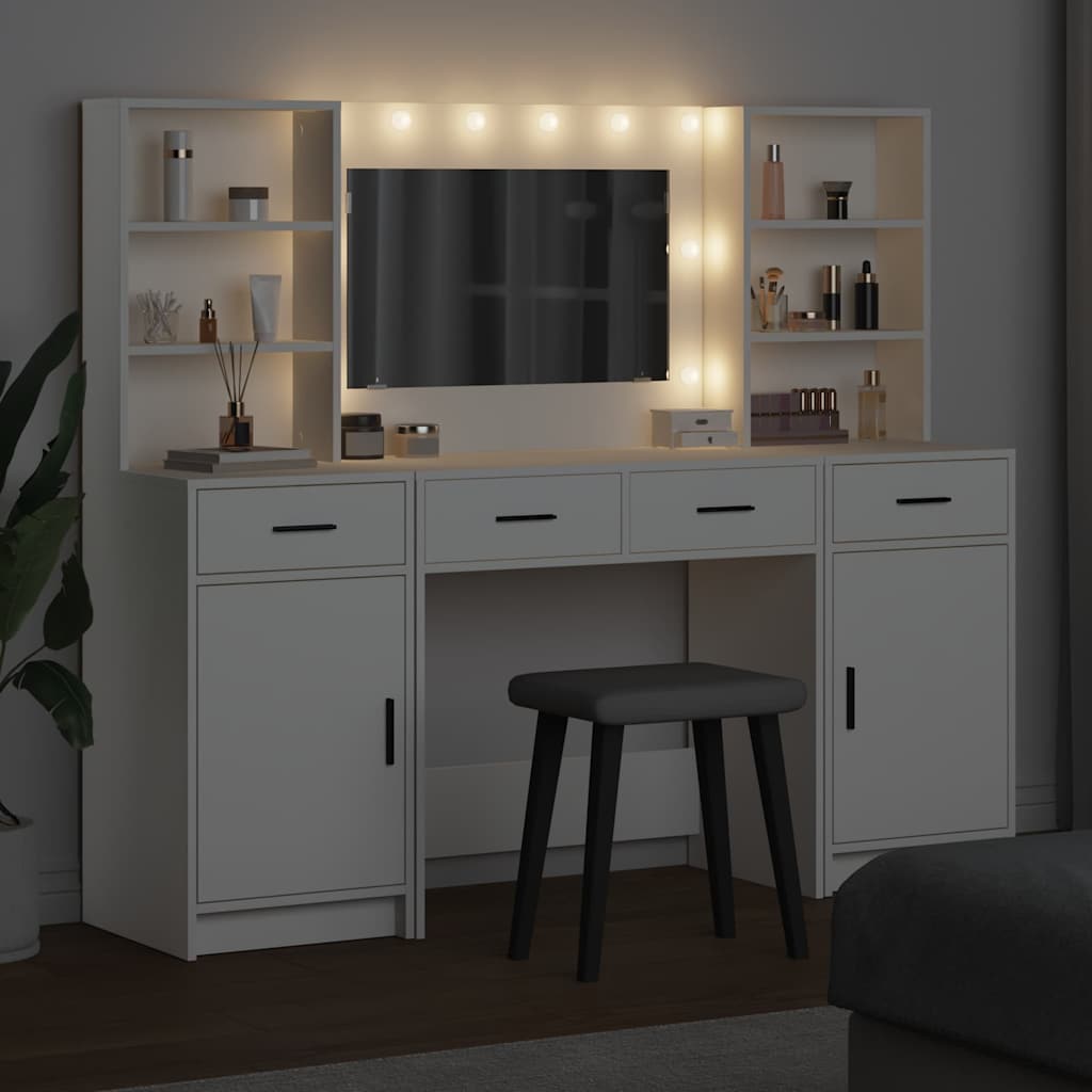 Dressing Table Set with LED 3 pcs White Engineered Wood