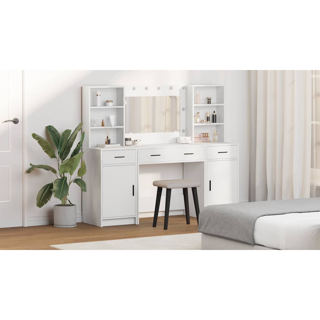 Dressing Table Set with LED 3 pcs White Engineered Wood