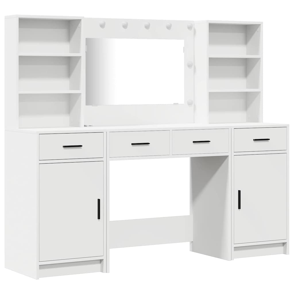 Dressing Table Set with LED 3 pcs White Engineered Wood