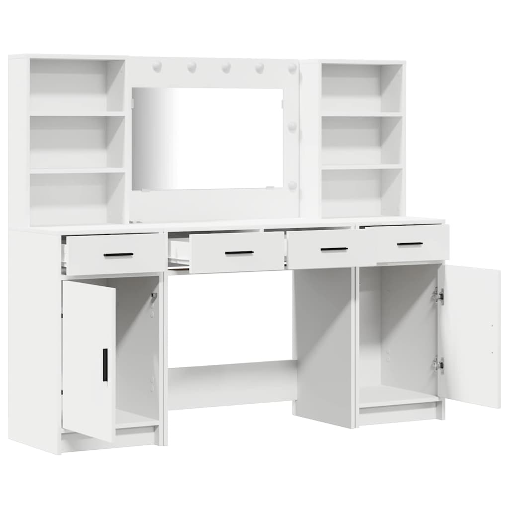 Dressing Table Set with LED 3 pcs White Engineered Wood