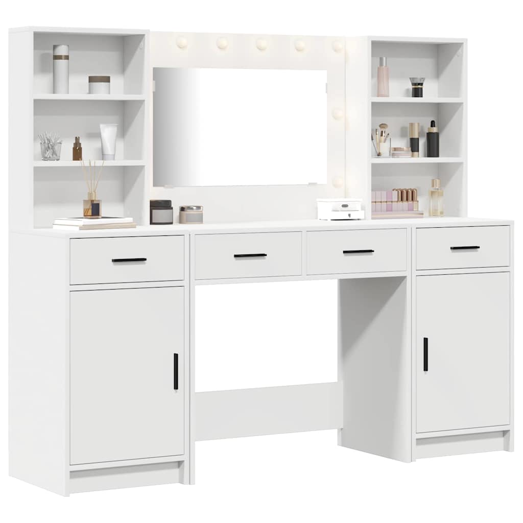 Dressing Table Set with LED 3 pcs White Engineered Wood
