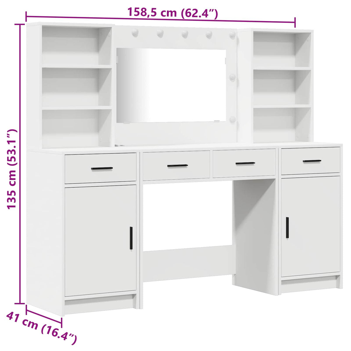 Dressing Table Set with LED 3 pcs White Engineered Wood