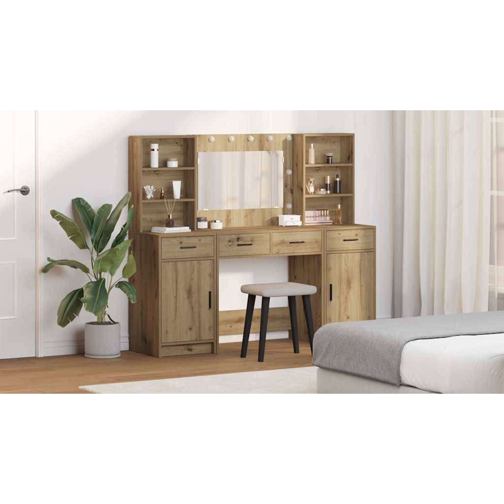 Dressing Table Set with LED 3 pcs Artisan Oak Engineered Wood