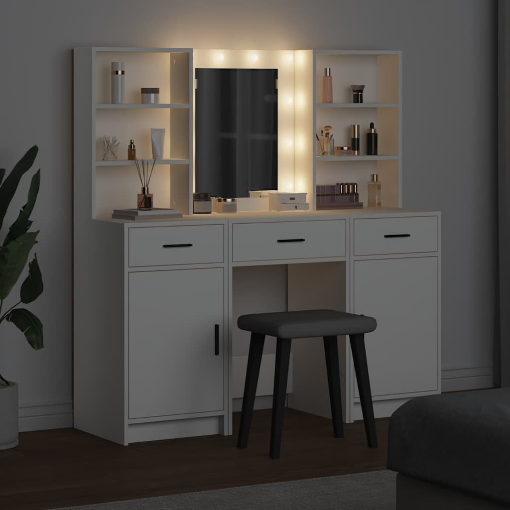 Dressing Table Set with LED 3 pcs White Engineered Wood