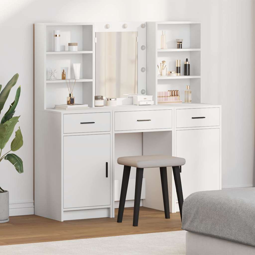 Dressing Table Set with LED 3 pcs White Engineered Wood