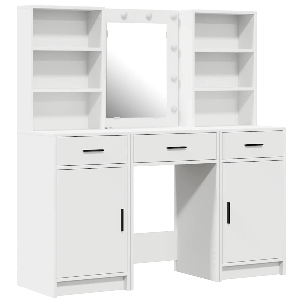 Dressing Table Set with LED 3 pcs White Engineered Wood