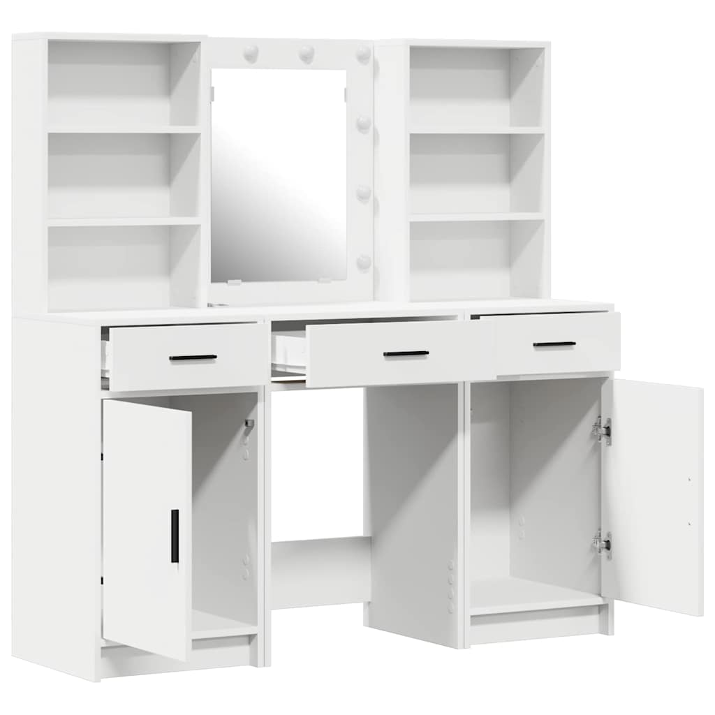 Dressing Table Set with LED 3 pcs White Engineered Wood