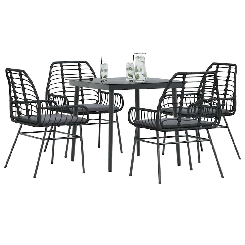 5 Piece Garden Dining Set with Cushions Black Poly Rattan Glass