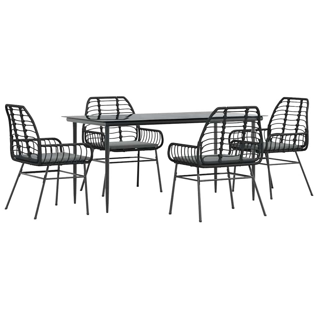 5 Piece Garden Dining Set with Cushions Black Poly Rattan Glass