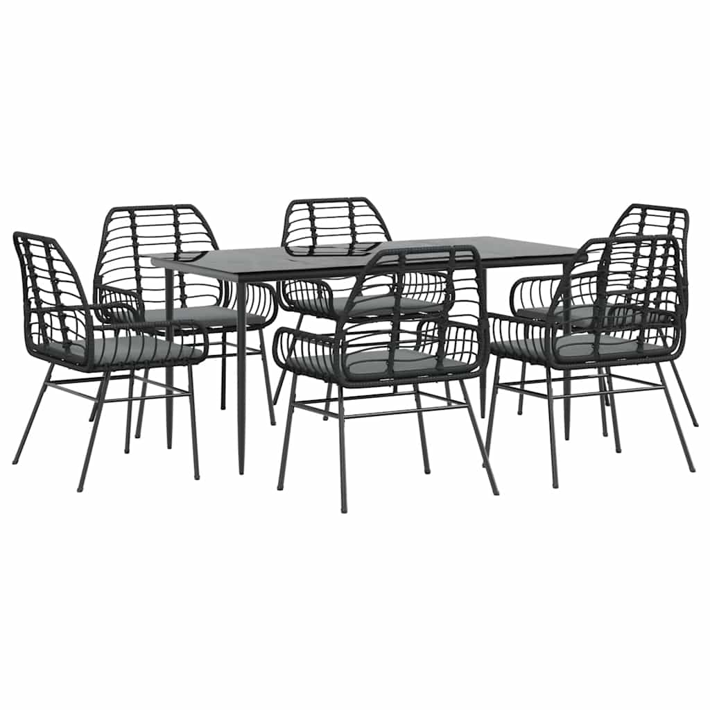 7 Piece Garden Dining Set with Cushions Black Poly Rattan Glass