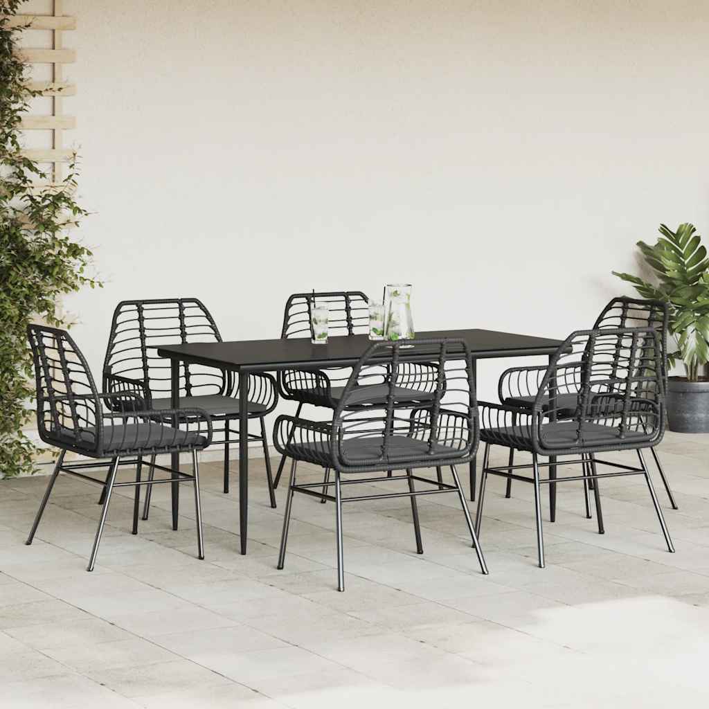 7 Piece Garden Dining Set with Cushions Black Poly Rattan Glass