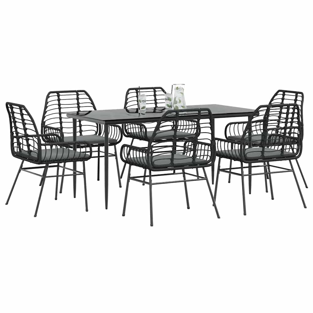 7 Piece Garden Dining Set with Cushions Black Poly Rattan Glass