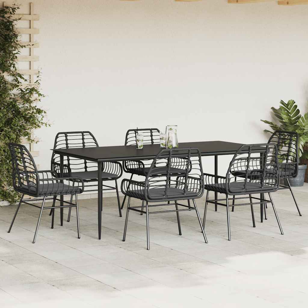 7 Piece Garden Dining Set with Cushions Black Poly Rattan Glass