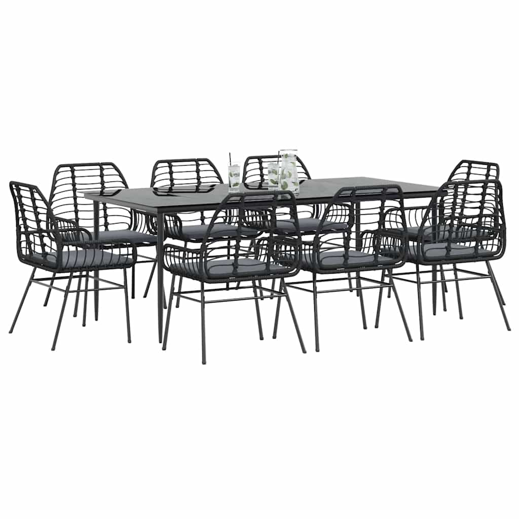 9 Piece Garden Dining Set with Cushions Black Poly Rattan Glass