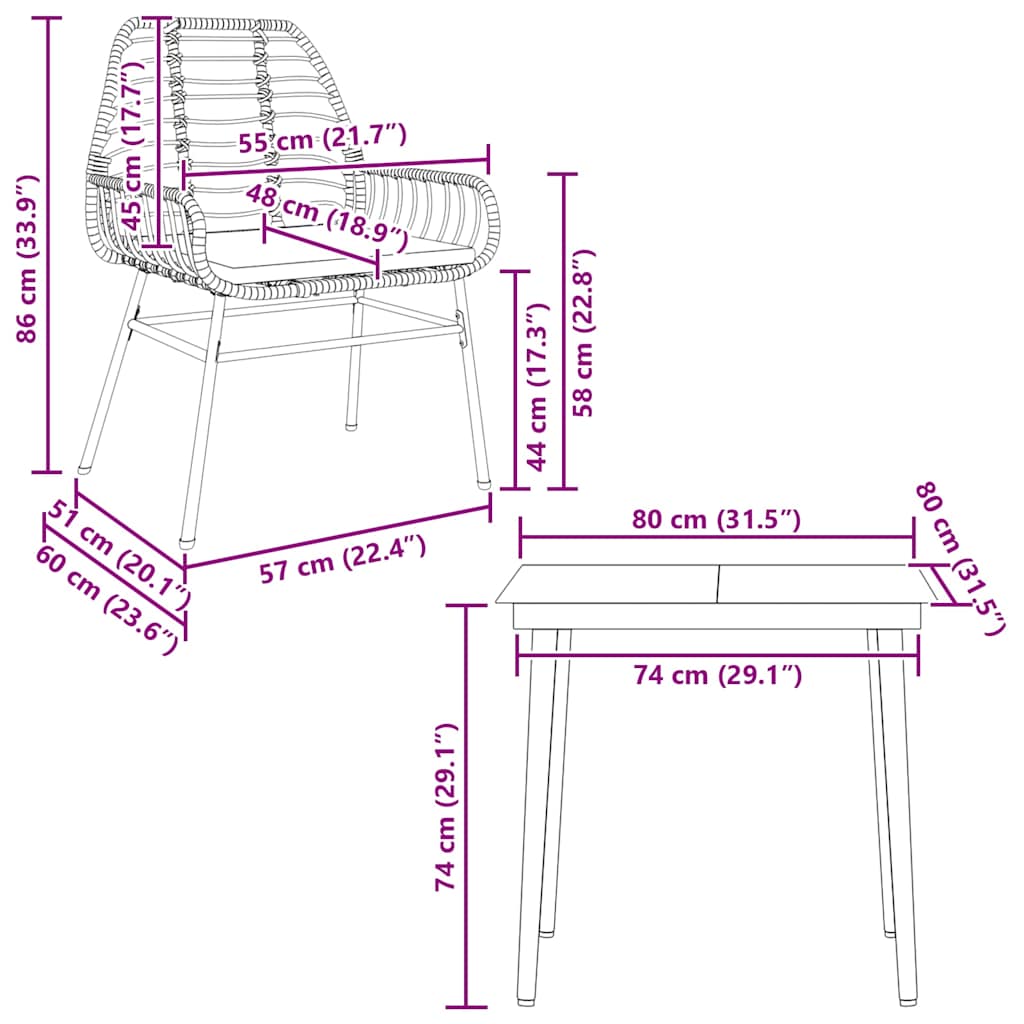 3 Piece Garden Dining Set with Cushions Brown Poly Rattan Glass