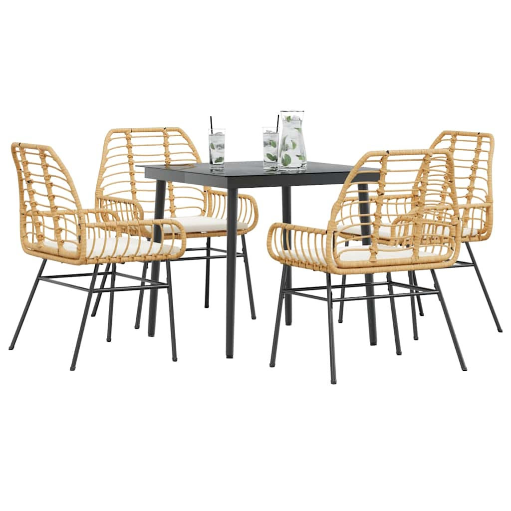 5 Piece Garden Dining Set with Cushions Brown Poly Rattan Glass