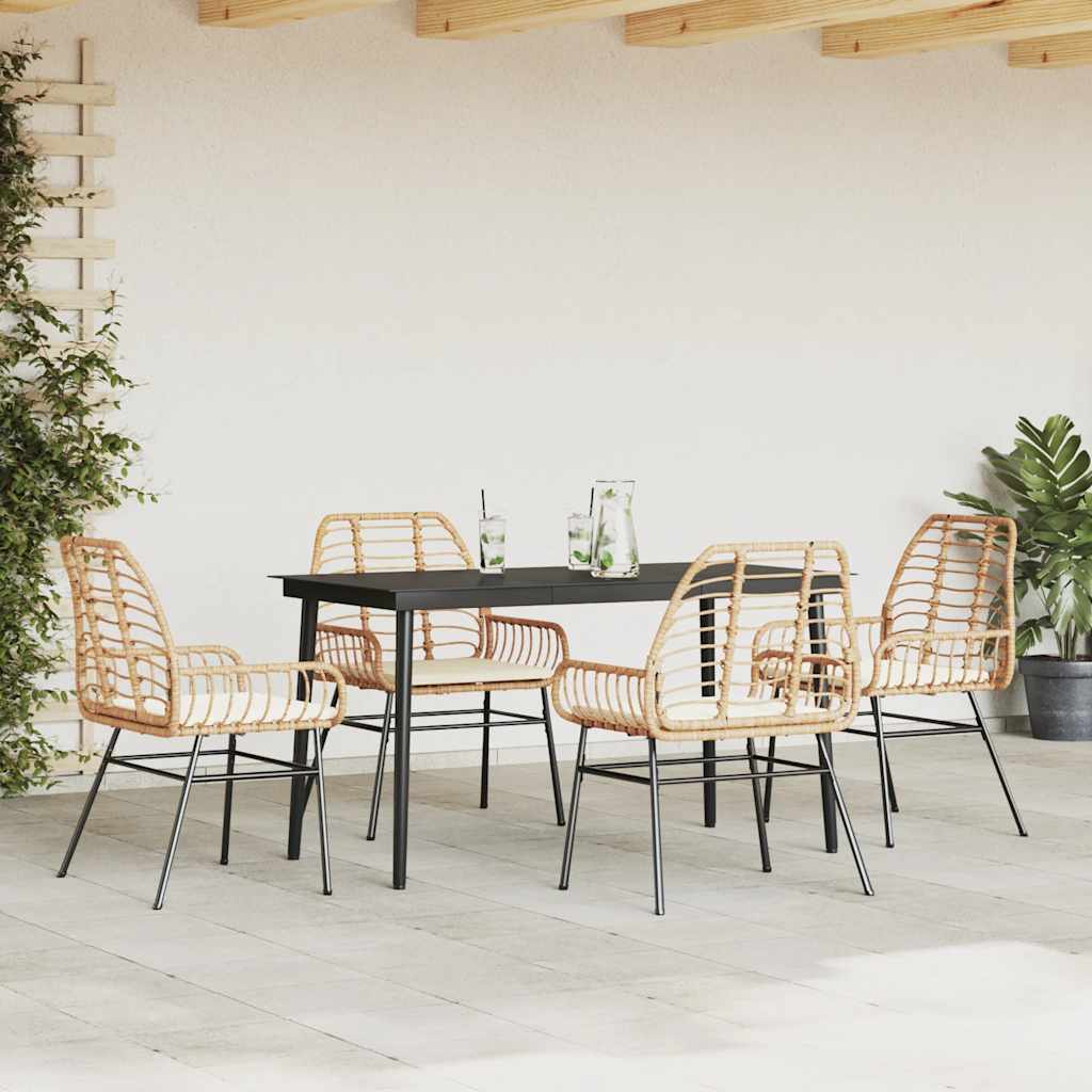 5 Piece Garden Dining Set with Cushions Brown Poly Rattan Glass